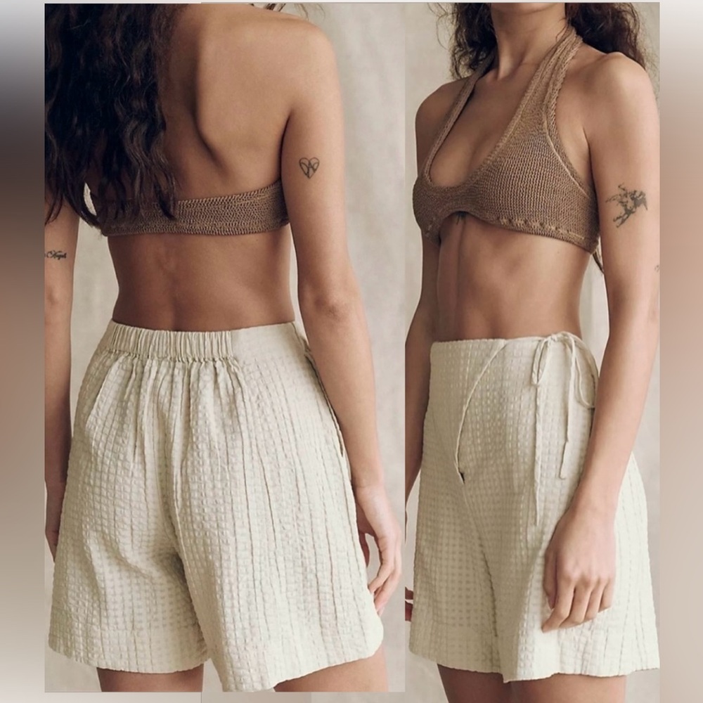 Free People free-est Pucker Check Wrap Shorts Oatmeal 100% Cotton Size L - Picture 2 of 14
